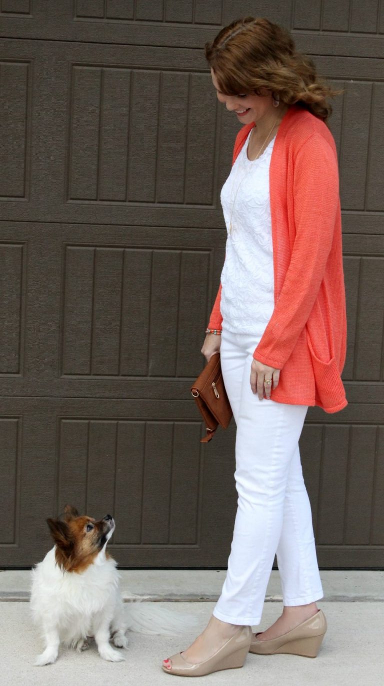 Spring outfit idea - nude patent wedges, white denim, white lace top and a coal cardigan.