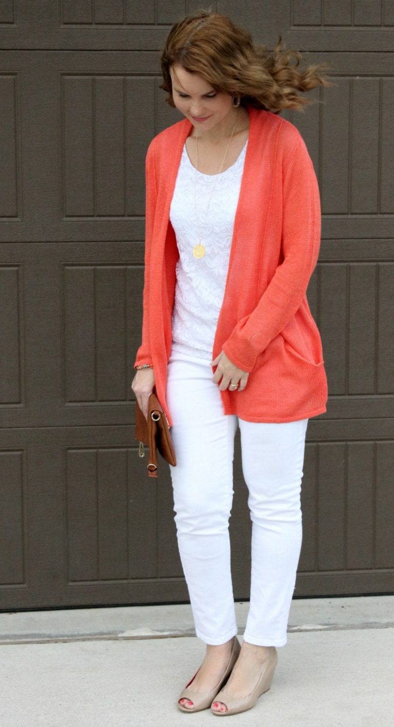 Spring outfit idea - nude patent wedges, white denim, white lace top and a coal cardigan.