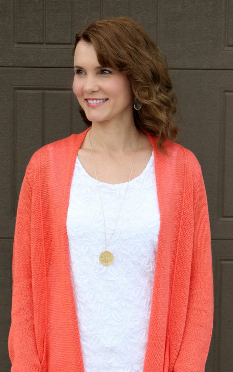 Spring outfit idea - nude patent wedges, white denim, white lace top and a coral cardigan.