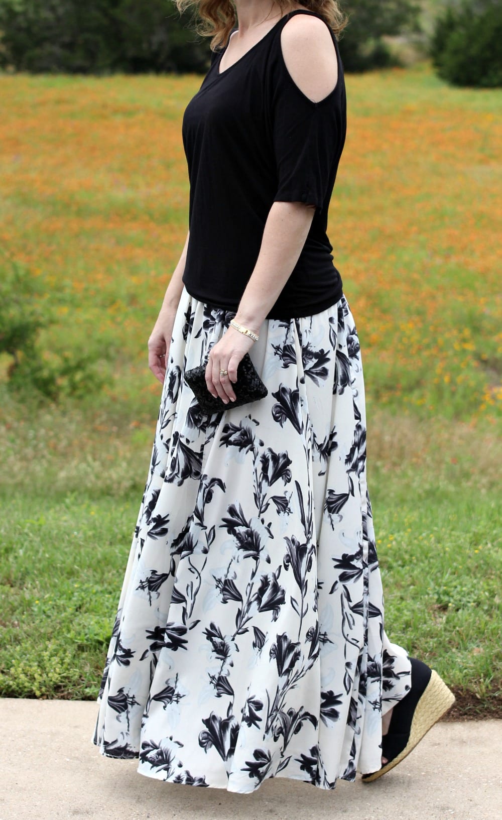 A dressed up maxi skirt outfit - break out the off the shoulder shirt or one with shoulder cutouts, pair it with a maxi skirt, wedges, clutch and some pretty accessories for the perfect date night summer outfit.