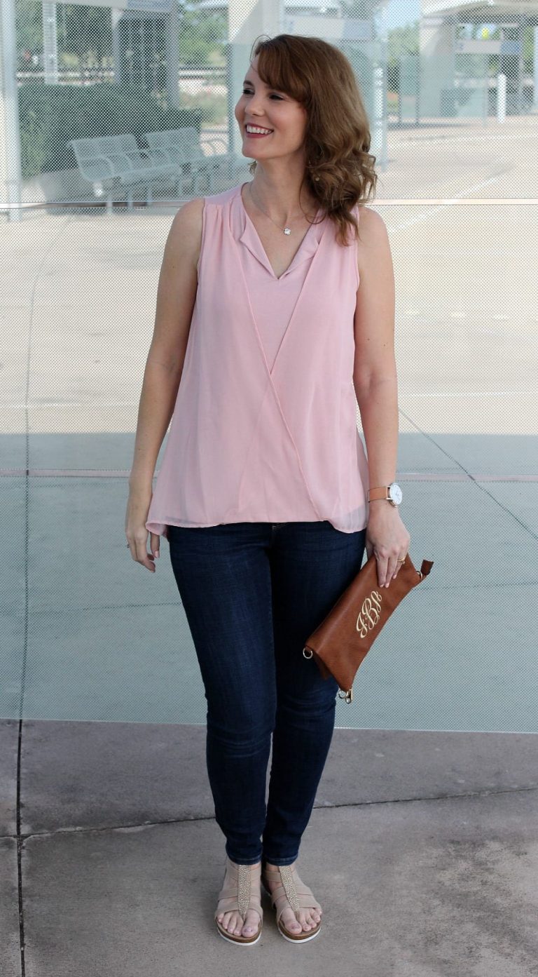 Spring Outfit Ideas - pair a pink hi-low hem tank with denim and sandals.