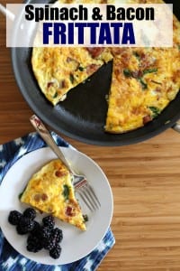 Looking for frittata recipes? This Bacon and Spinach Frittata is perfect for breakfast, lunch or dinner. With ingredients like bacon, fresh spinach and onion, it's full of flavor and a complete meal. Just add some fresh fruit and you're good to go! Looking for frittata recipes? This Bacon and Spinach Frittata is perfect for breakfast, lunch or dinner. With ingredients like bacon, fresh spinach and onion, it's full of flavor and a complete meal. Just add some fresh fruit and you're good to go!