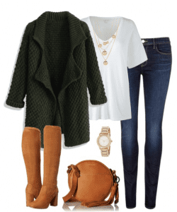 Fall outfit idea - Pair your favorite denim with a white tee, big cardigan, knee high boots and crossbody handbag. Fall outfit idea - Pair your favorite denim with a white tee, big cardigan, knee high boots and crossbody handbag.