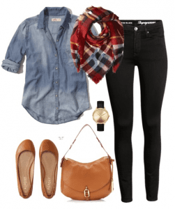Fall outfit idea - Black denim, chambray button down, blanket scarf, flats and a hobo handbag. Fall outfit idea - Black denim, chambray button down, blanket scarf, flats and a hobo handbag.