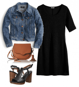 Fall outfit idea - pair your favorite LDB with a denim jacket, black platform sandals and a brown saddlebag handbag. Fall outfit idea - pair your favorite LDB with a denim jacket, black platform sandals and a brown saddlebag handbag.