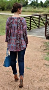 Women's Fall Outfit Ideas featuring a paisley print blouse, blue handbag and wedges. Women's Fall Outfit Ideas featuring a paisley print blouse, blue handbag and wedges.