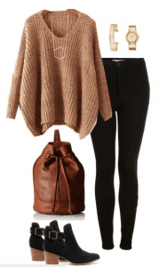Fall outfit idea - Camel and black are two colors made for each other. Pair your favorite black denim with a chunky sweater in camel, ankle boots and a brown bucket bag. Fall outfit idea - Camel and black are two colors made for each other. Pair your favorite black denim with a chunky sweater in camel, ankle boots and a brown bucket bag.