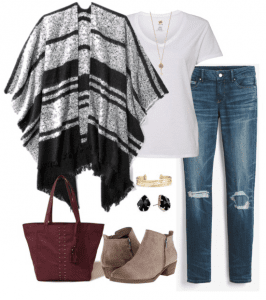 Poncho outfit idea for fall - pair a black and white poncho with a white t-shirt, distressed denim, ankle booties and a burgundy tote for a stylish fall outfit. Poncho outfit idea for fall - pair a black and white poncho with a white t-shirt, distressed denim, ankle booties and a burgundy tote for a stylish fall outfit.