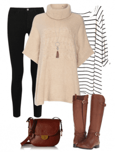 Poncho outfit idea for fall - pair a cream colored poncho with a black and white striped shirt, black denim, brown riding boots and a brown saddle bag purse. Poncho outfit idea for fall - pair a cream colored poncho with a black and white striped shirt, black denim, brown riding boots and a brown saddle bag purse.