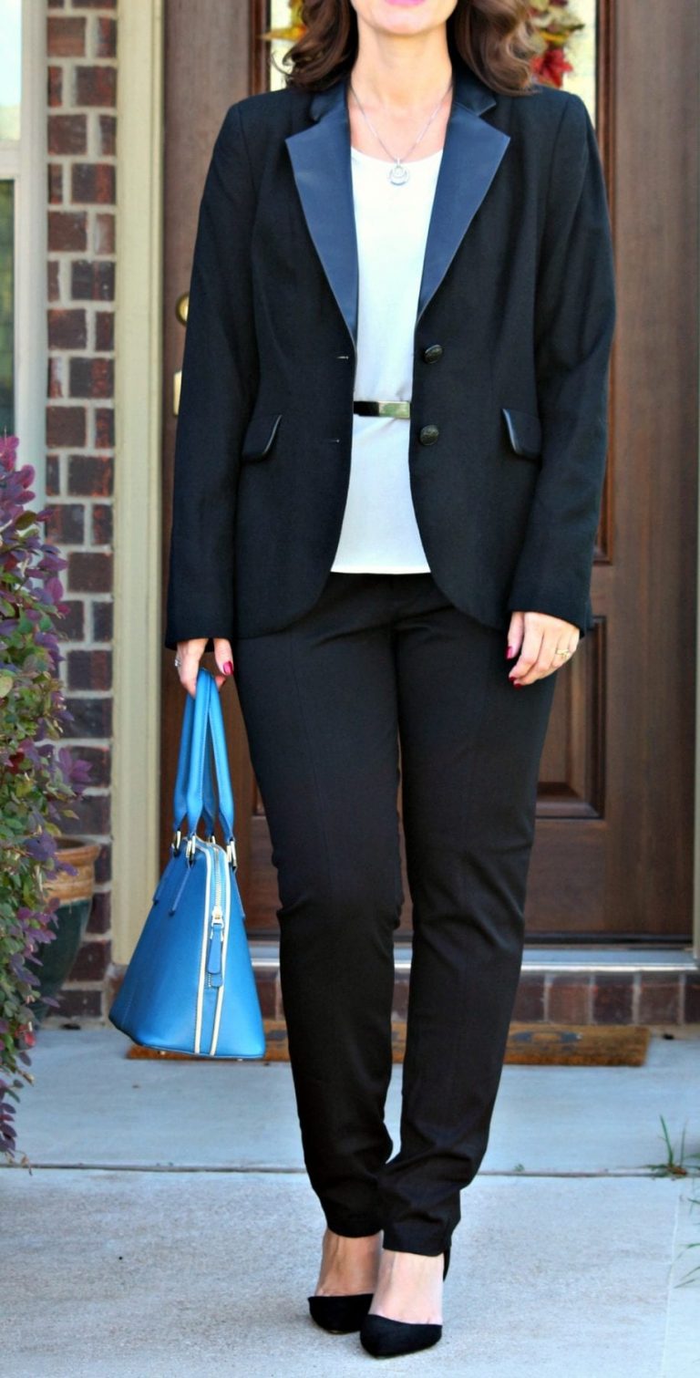 Are you looking for a black pants outfit for work? I have three ideas for you featuring a sweater/shirt combo, cardigan and wool blazer. Are you looking for a black pants outfit for work? I have three ideas for you featuring a sweater/shirt combo, cardigan and wool blazer.