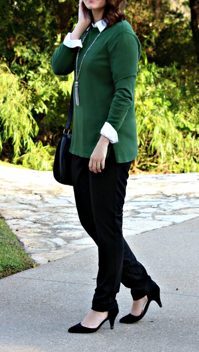 Are you looking for a black pants outfit for work? I have three ideas for you featuring a sweater/shirt combo, cardigan and wool blazer. Are you looking for a black pants outfit for work? I have three ideas for you featuring a sweater/shirt combo, cardigan and wool blazer.