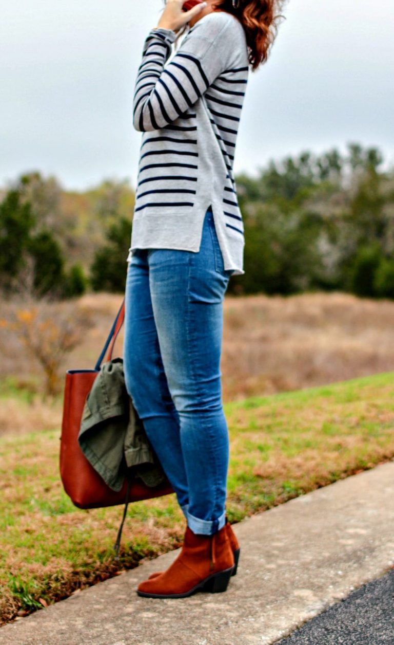 Stitch Fix outfit: Striped sweater, olive military style jacket, light wash denim, brown ankle boots and reversible tote. Stitch Fix outfit: Striped sweater, olive military style jacket, light wash denim, brown ankle boots and reversible tote.