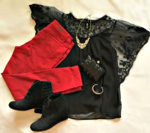 Stitch Fix Outfit: Red jeans, black top, black ankle boots Stitch Fix Outfit: Red jeans, black top, black ankle boots