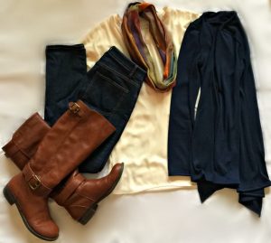 Stitch Fix outfit: Navy Blue cardigan, cream cardigan, dark denim, scarf, brown riding boots. Stitch Fix outfit: Navy Blue cardigan, cream cardigan, dark denim, scarf, brown riding boots.