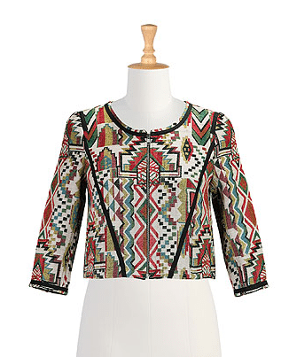 Collarless jacquard crop jacket