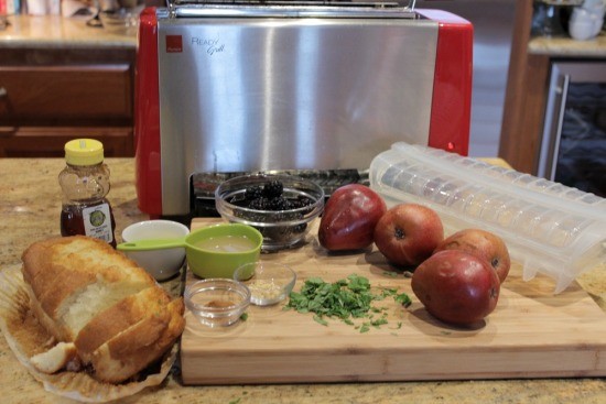 Ingredients for the dessert included pound cake, pears, blackberries, honey, mint cinnamon and liquid. (I think the liquid was a juice of some sort.)