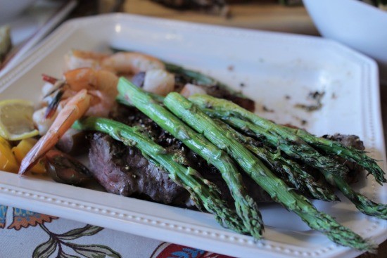 Steak, shrimp & asparagus - All cooked at the same time in the Ready Grill. Picture was taken after we had dug in! 