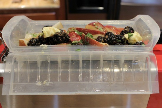 The fruits cooked in the steamer basket on top, while the pound cake was toasted in the grill.