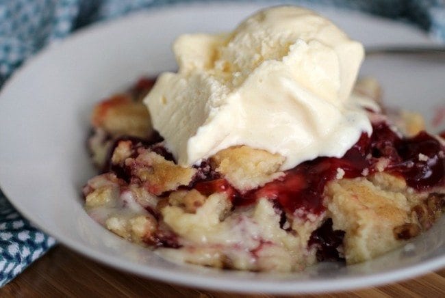 This Cherry Dump Cake recipe only has 4 ingredients and is a definite crowd pleaser!