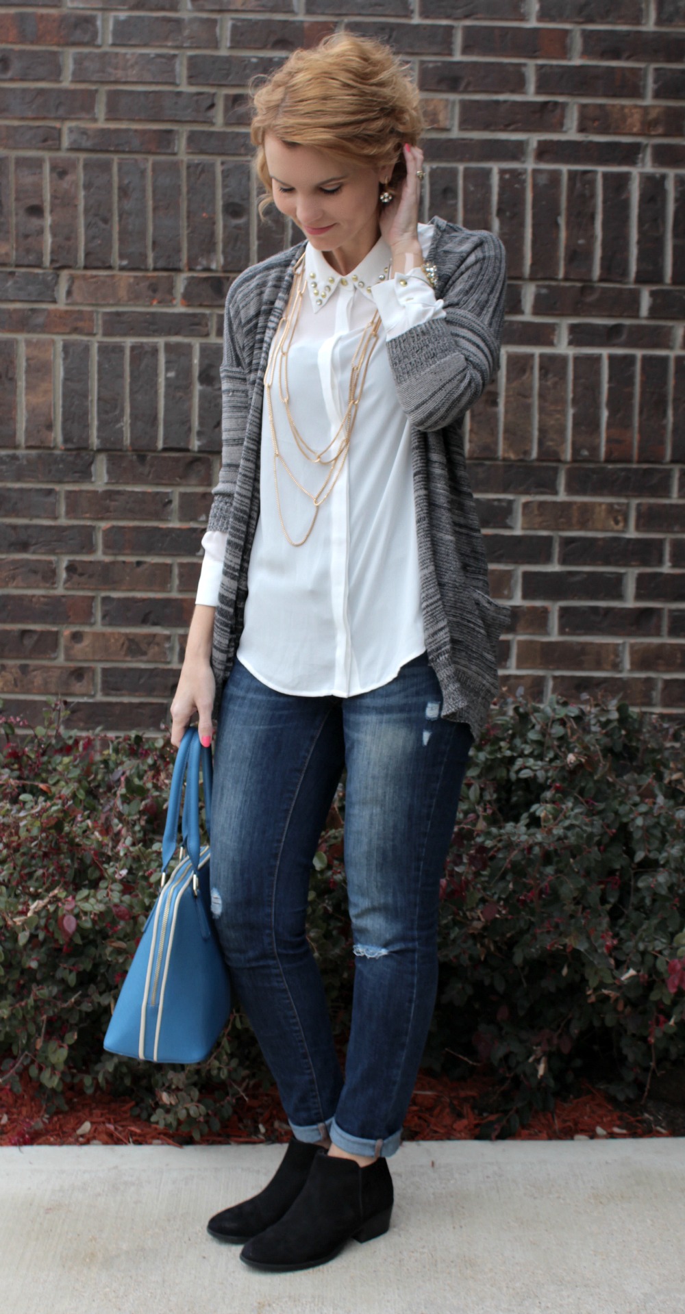 cardigan with button down shirt