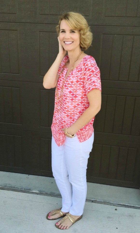 White Denim + Coral Shirt from J. Jill's June Collection | Mom Fabulous