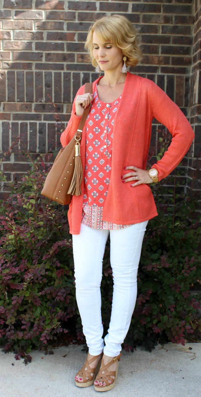 White Jeans Outfit Featuring A Pop of Coral with J. Jill Mom Fabulous