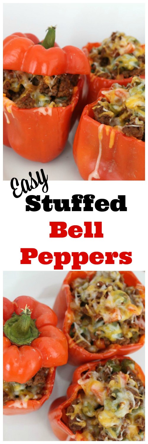 This easy stuffed bell peppers recipe is perfect for a weeknight meal. You won't believe how great it makes your house smell! Plus it's kid pleasing. This takes 50 minutes to prepare from chopping the veggies, to pulling it out of the oven. To make it a little faster, prepare your veggies before you leave for work in the morning. I used ground beef, but you could easily swap out turkey or make it vegetarian with quinoa. 