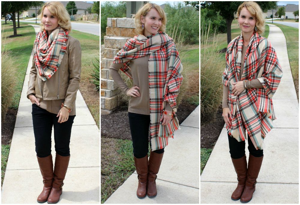 Three Outfits With a Black Plaid Blanket Scarf for Fall