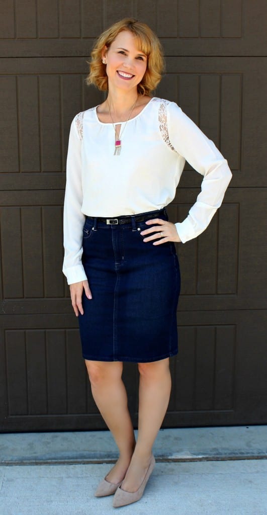 For your fall fashion needs, consider a denim skirt outfit. It's versatile, comfortable and you can create so many different styles of outfits. The one I'm wearing was made with our curves in mind. I love it!