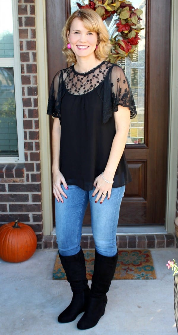 An outfit perfect for your fall fashion needs. The tall wedge boot is very versatile, allowing you to dress it up or down. It looks just as great with a dress for going out or an event, as it does with jeans and a cute shirt.