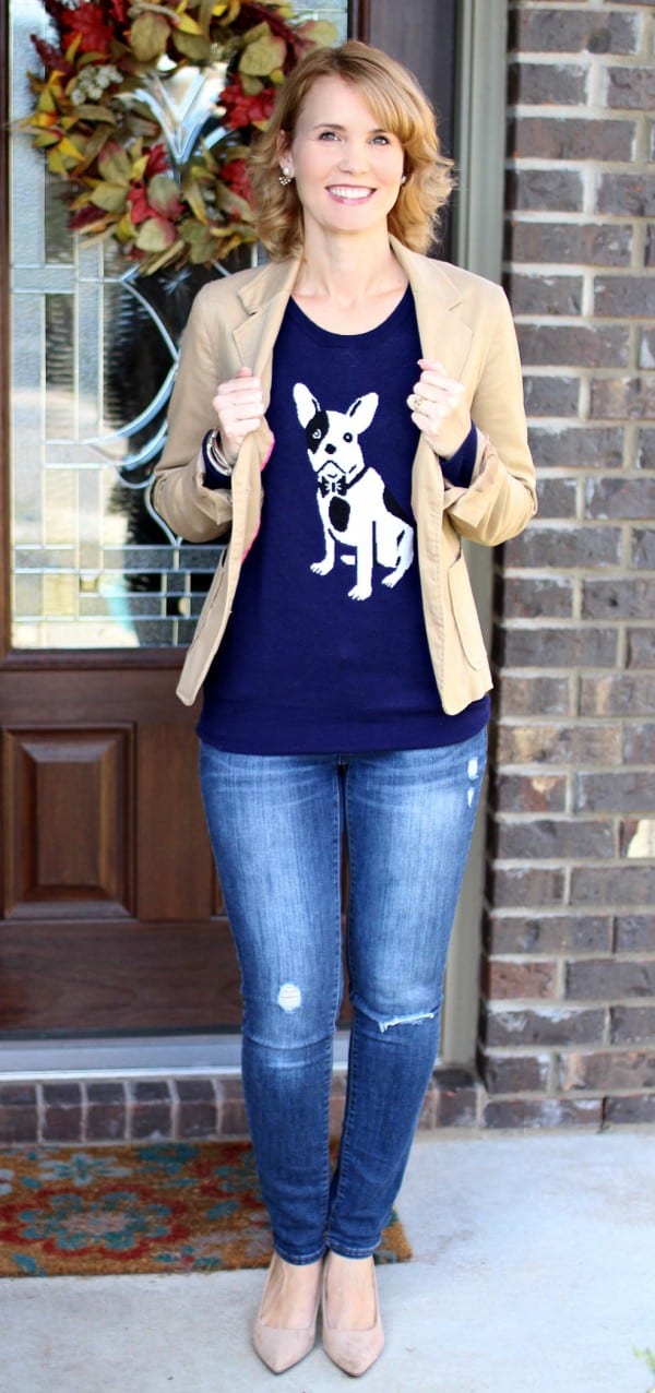 Fall outfit idea - pair a quirky sweater with a blazer, jeans, and heels for a fun fall look.