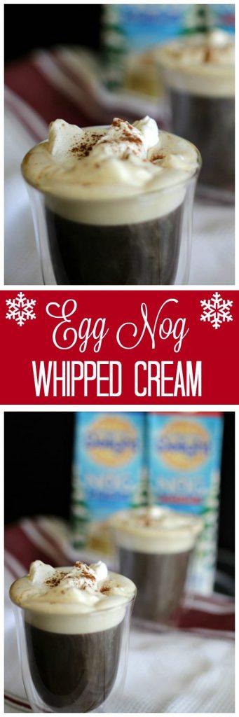 This homemade egg nog whipped cream is super easy to make, only requires 3 ingredients and about 5 minutes of your time. You can add a dollop to your coffee, cocoa or even a slice of pie.
