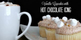 This hot chocolate cupcakes recipe is made with vanilla for the batter and hot chocolate icing for the top. It only takes 5 ingredients and the flavor is perfect for the Holiday season.