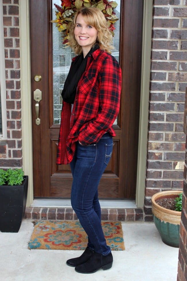 Are you looking for red plaid shirt outfit ideas? I created 3 different outfits with one shirt and I love the results. These are easy to pout together, casual outfits that anyone can wear.