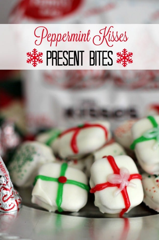 Peppermint Kisses Present Bites- These little bites are fun to make, delicious to eat and are a peppermint party for your taste-buds. With only four easy to find ingredients, these bites are incredibly easy to make!