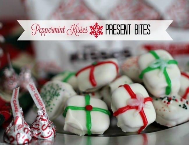 Peppermint Kisses Present Bites- These little bites are fun to make, delicious to eat and are a peppermint party for your taste-buds. With only three easy to find ingredients, these bites are incredibly easy to make!