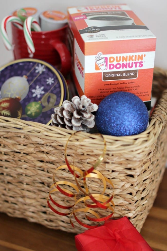 Coffee gift basket idea - put together a gift for your coffee loving friend, family member or kids' teachers and include coffee, cookies, a mug and candy.
