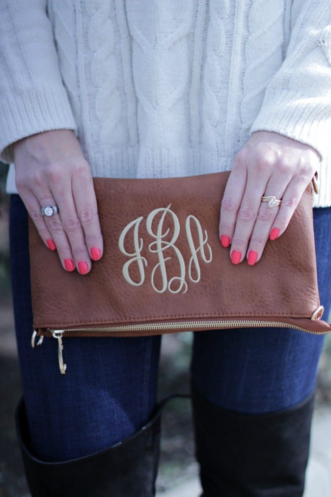 Pair a white chenille sweater with jeans, OTK boots and a brightly colored scarf for a pop of color.