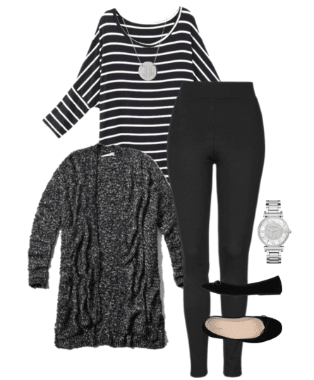 Cute outfit ideas of the week featuring long cardigan outfit ideas. Pair a long cardigan with a striped tunic and leggings.