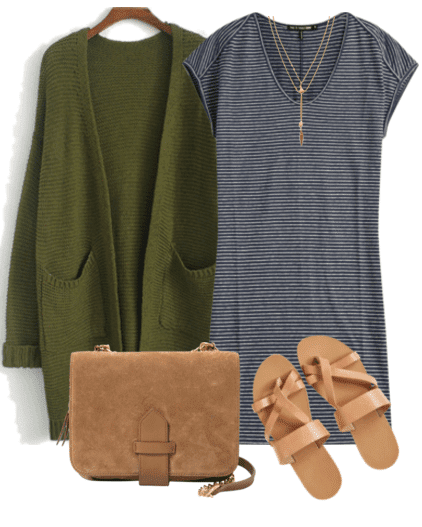 Cute outfit ideas of the week - pair a long cardigan with your favorite t-shirt dress and sandals for a comfy and cute spring look.