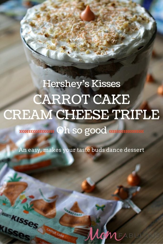 This Carrot Cake Cream Cheese Trifle features an important and tasty ingredient that will make your taste-buds dance -- Hershey's Kisses Carrot Cake Candy!