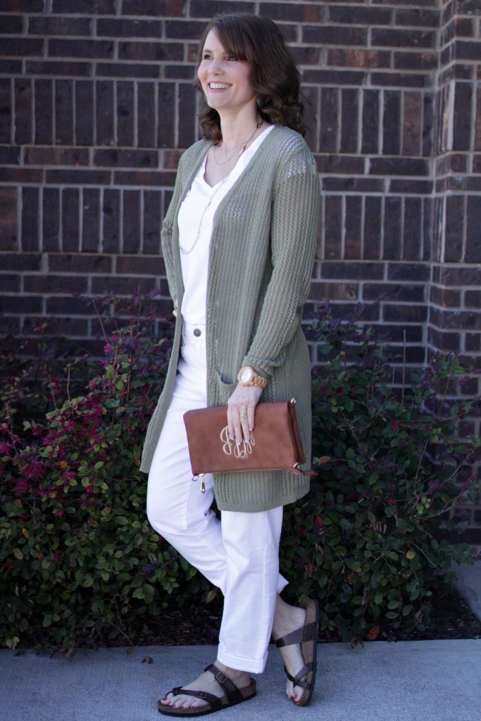 Spring outfit idea: boyfriend jeans and Birks. Wear white on white and then break it up with a cardigan.