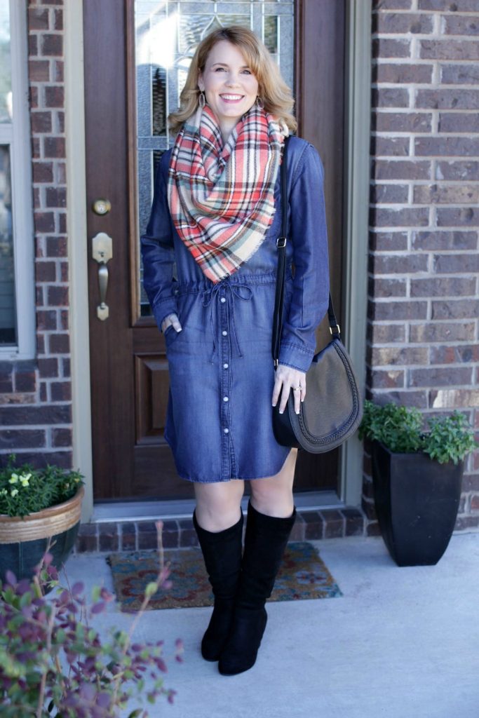 Denim Dress Outfit - Add a blanket scarf and tall wedge boots for a fun fall look.