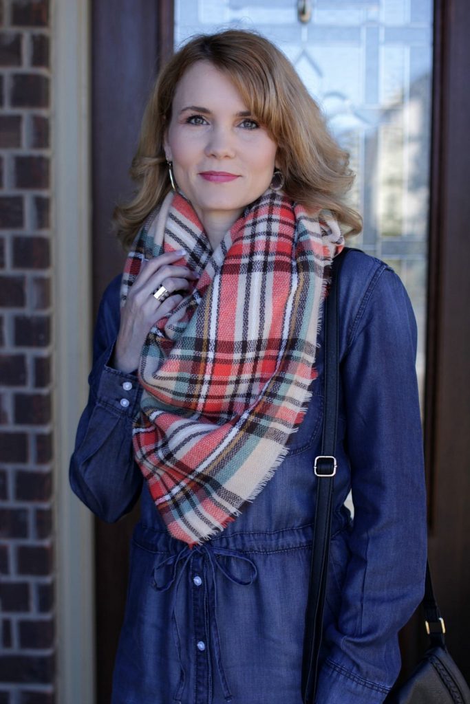 Denim Dress Outfit - Add a blanket scarf and tall wedge boots for a fun fall look.