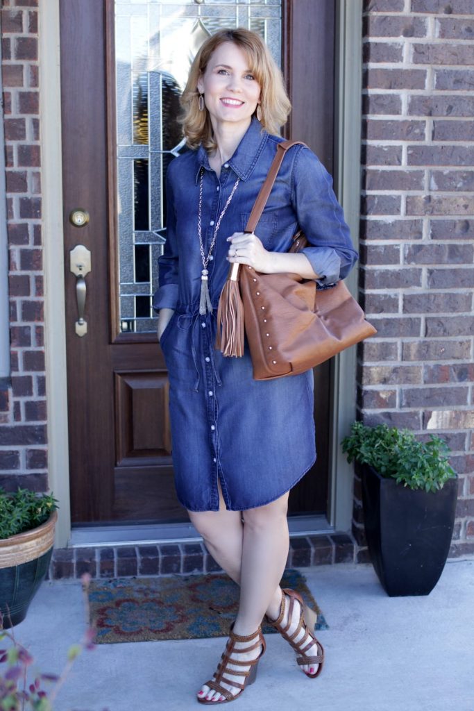 Denim Dress Outfit - wear a pair of caged wedge sandals and a long tassel necklace for a fun spring outfit idea.