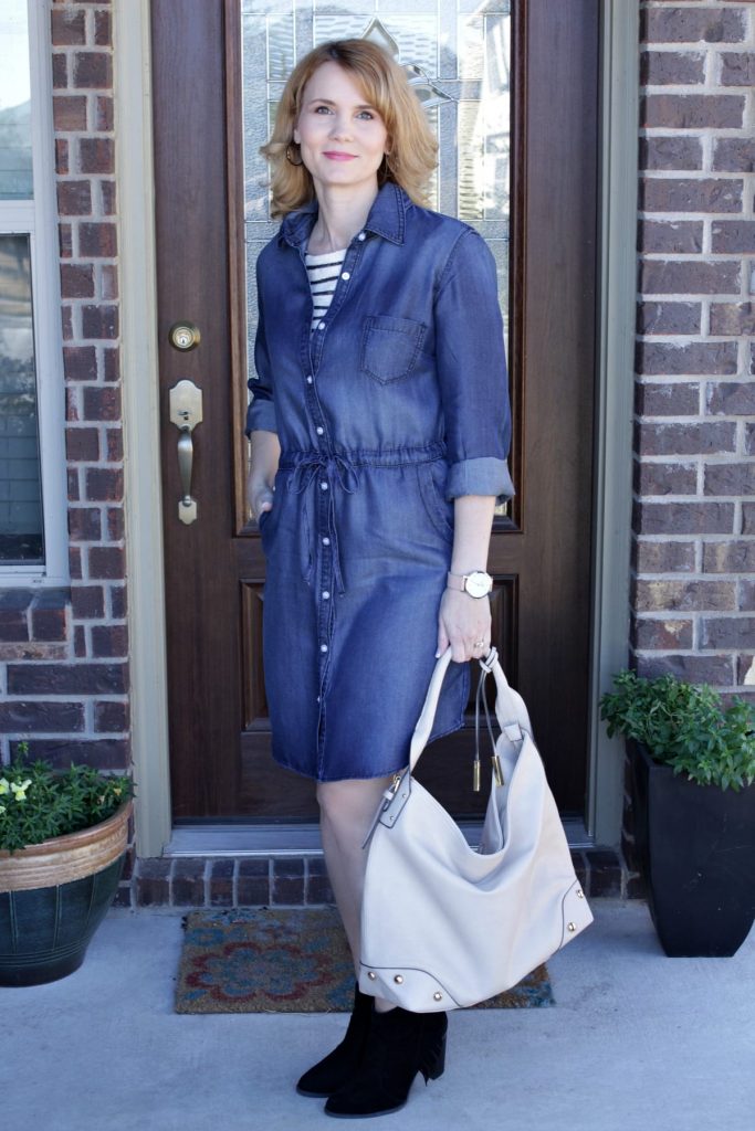 Denim Dress Outfit - wear a striped shirt under your dress to add another layer and pattern.