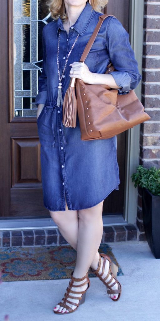 Denim Dress Outfit - wear a pair of caged wedge sandals and a long tassel necklace for a fun spring outfit idea.