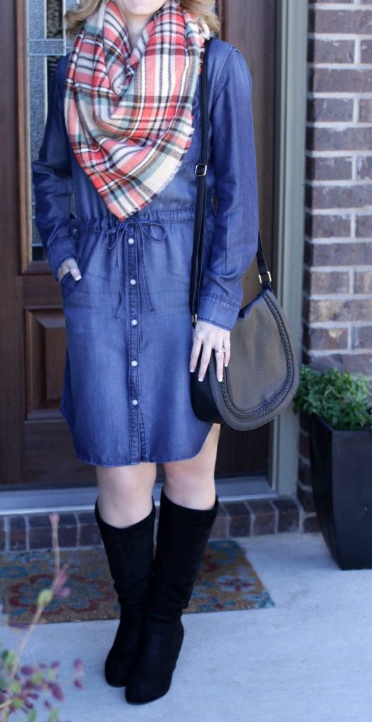 Denim Dress Outfit - Add a blanket scarf and tall wedge boots for a fun fall look.