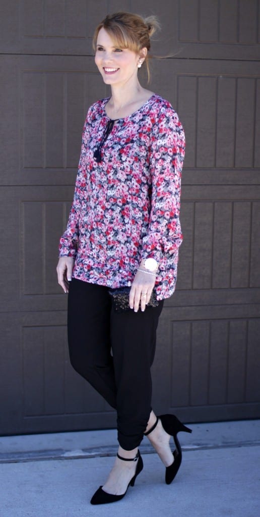 A dressy floral shirt outfit perfect for the office or date night.