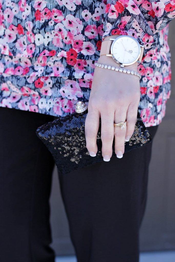 A dressy floral shirt outfit perfect for the office or date night.